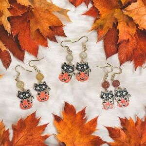 Halloween Cat and Pumpkin Earrings with Imperial Jade